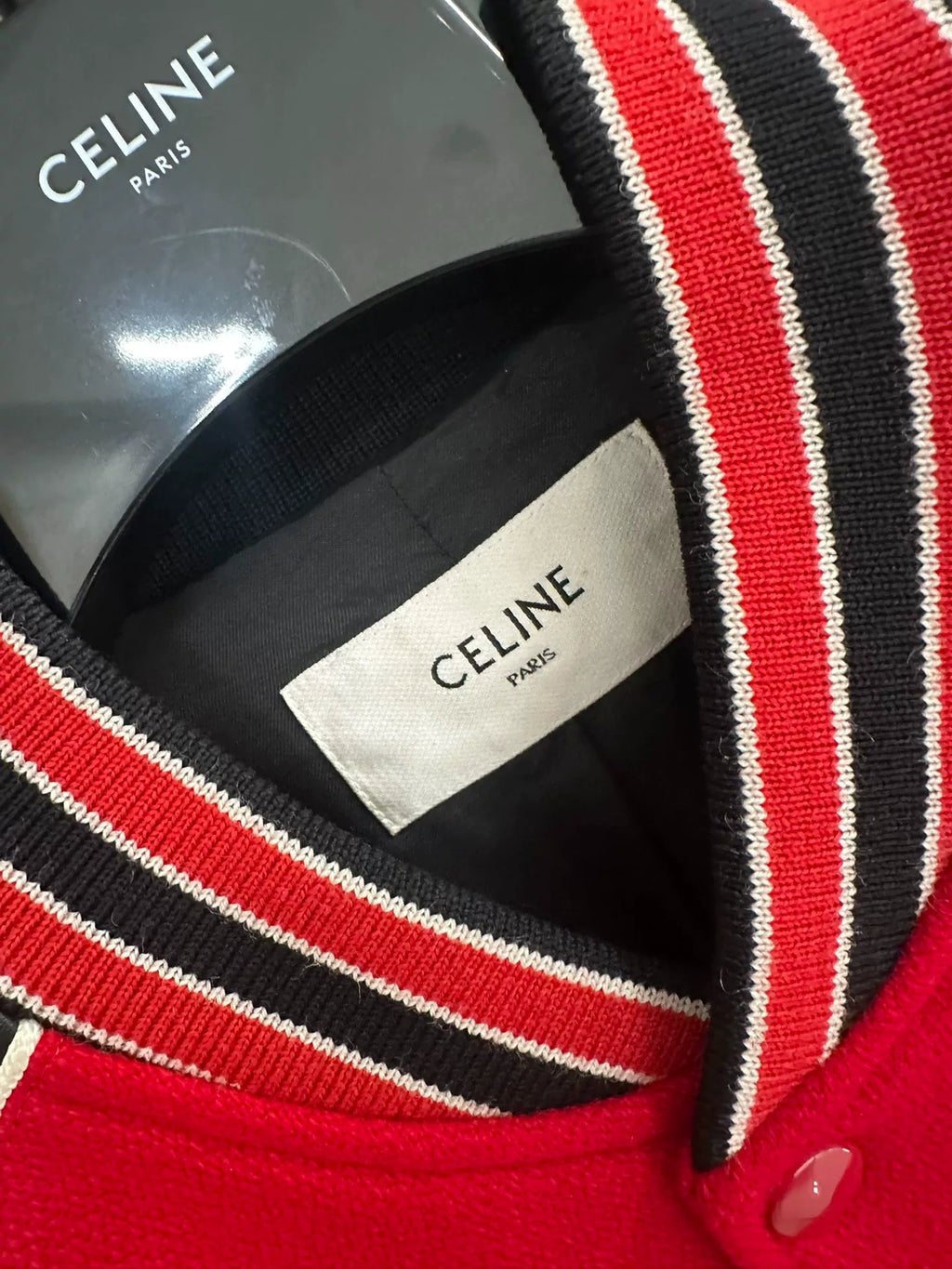 Celine Red Lambskin Sleeve Wool Embroidered Letter C Baseball Jacket