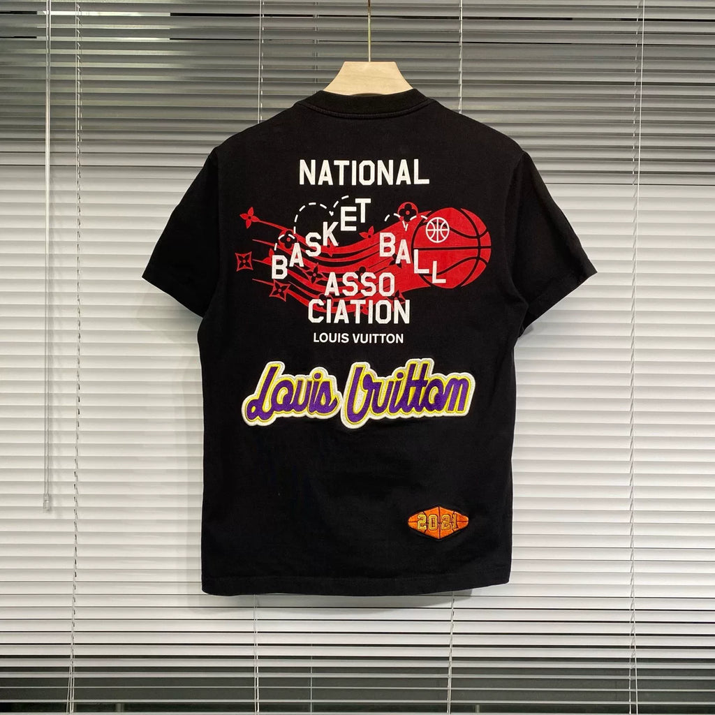 Louis Vuitton Short Sleeve Nba Print Logo Embroidered Black Shirt