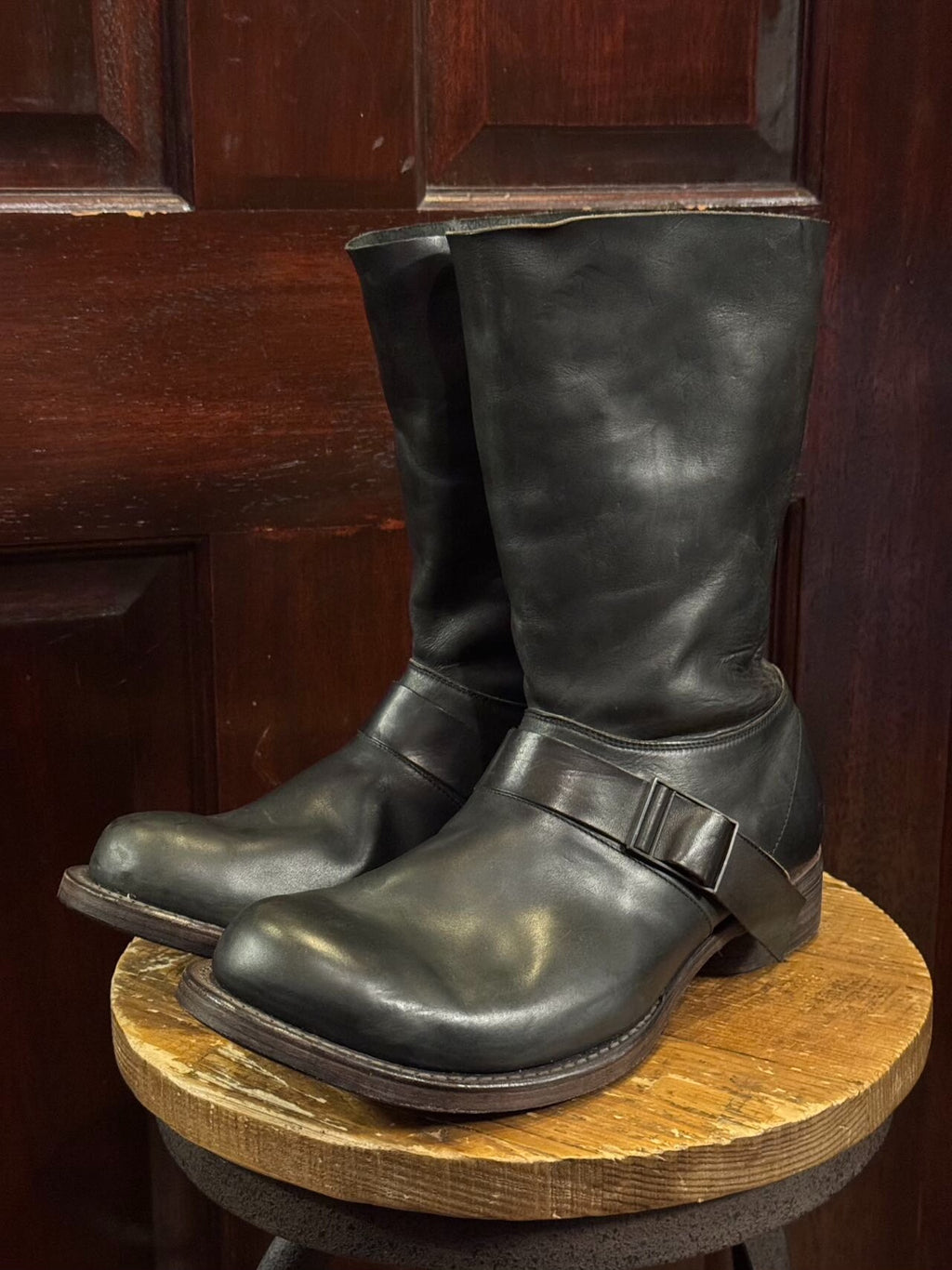 Devoa Season Black Buckle Engineer Lambskin Boots