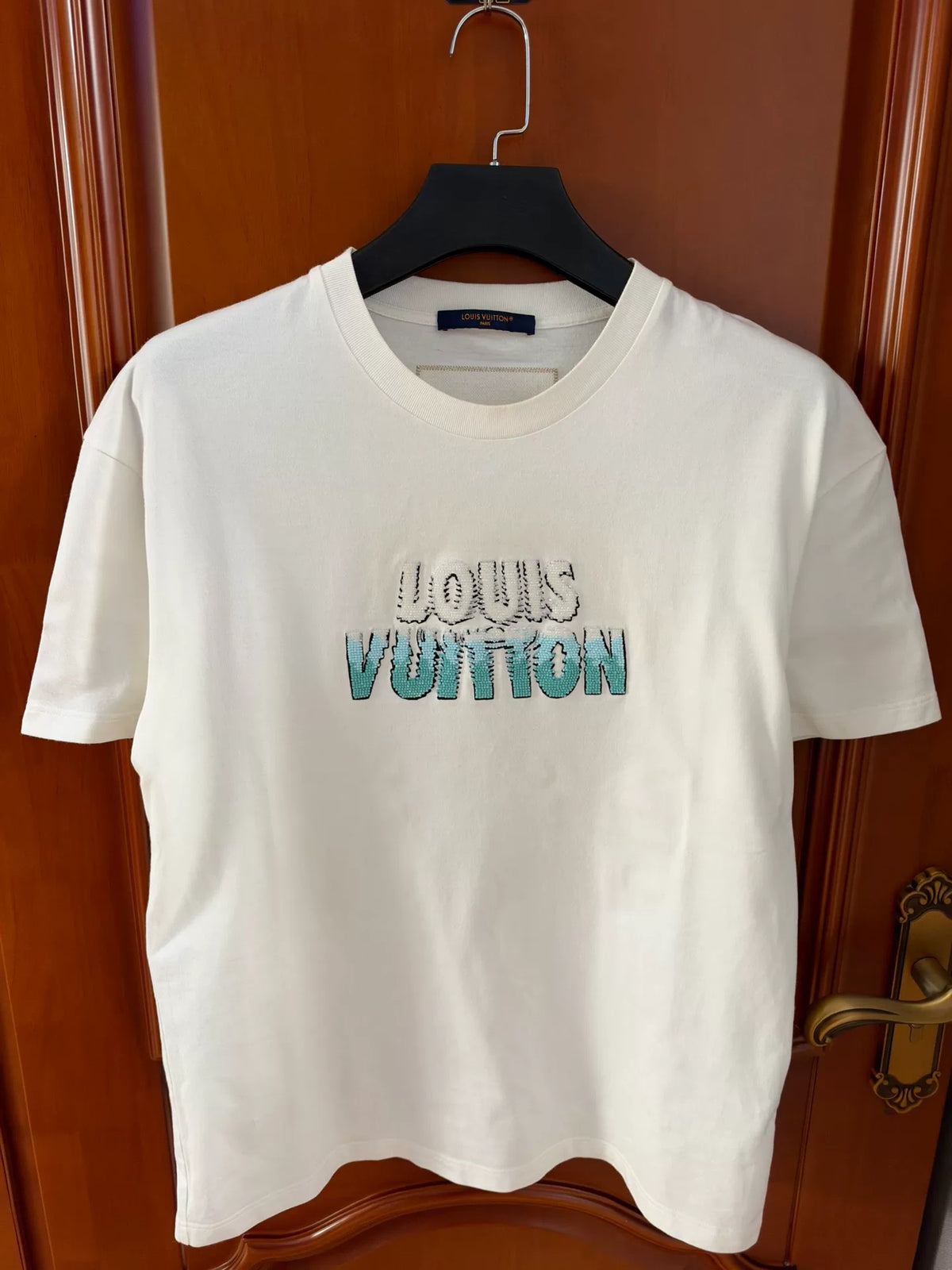 Louis Vuitton White Beaded Letter Short Sleeve Top