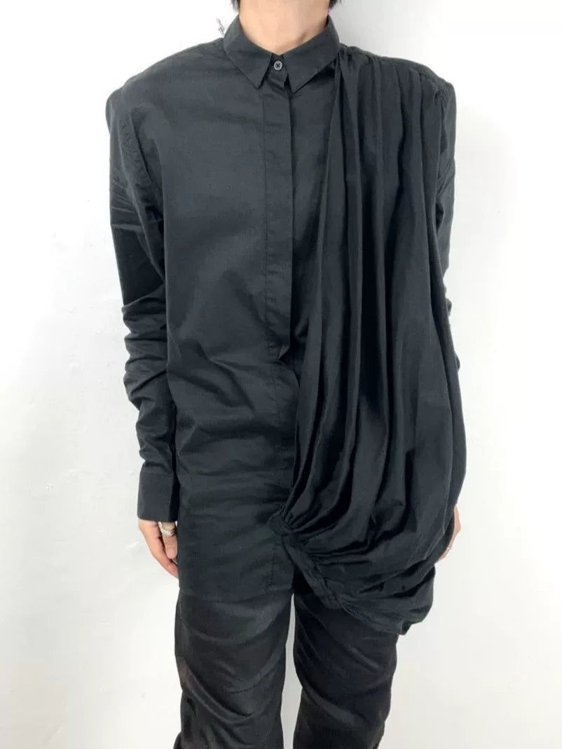 Balmain Fw1 FW17 Black Draped Hidden Placket Cotton Shirt