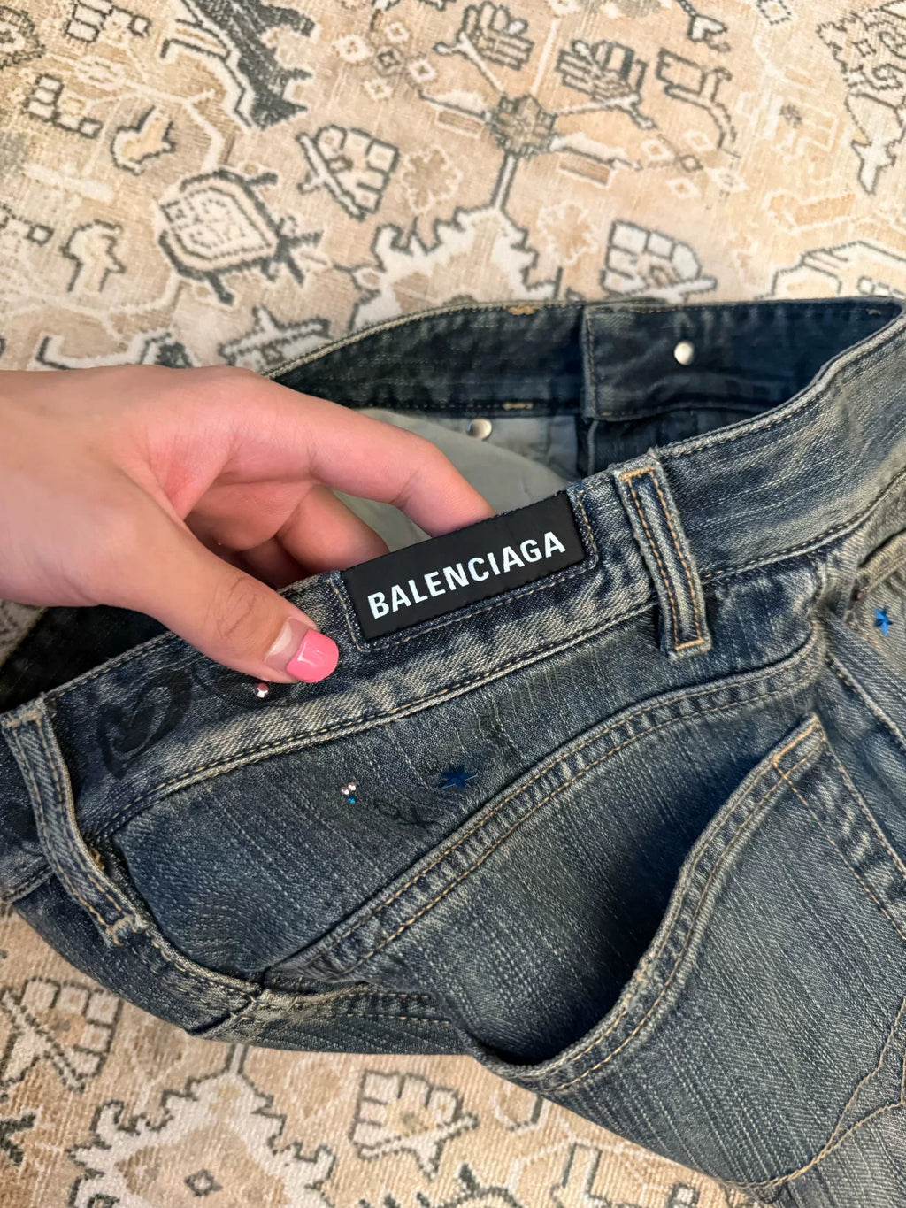 Balenciaga Multi-Element Rhinestone Graffiti Mud-Dyed Distressed Destroyed Jeans