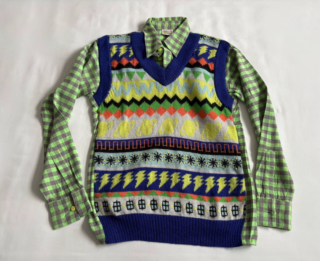 Walter Van Beirendonck W&LT Green Plaid Knit Panel Shirt