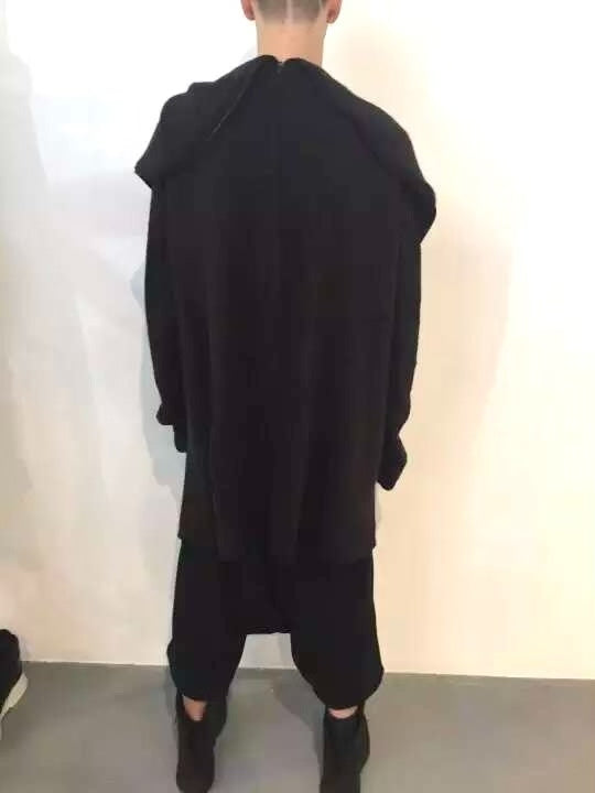 Julius FW16 Black Diagonal Zip Collared Long Hooded Beast Mixed Fiber Coat