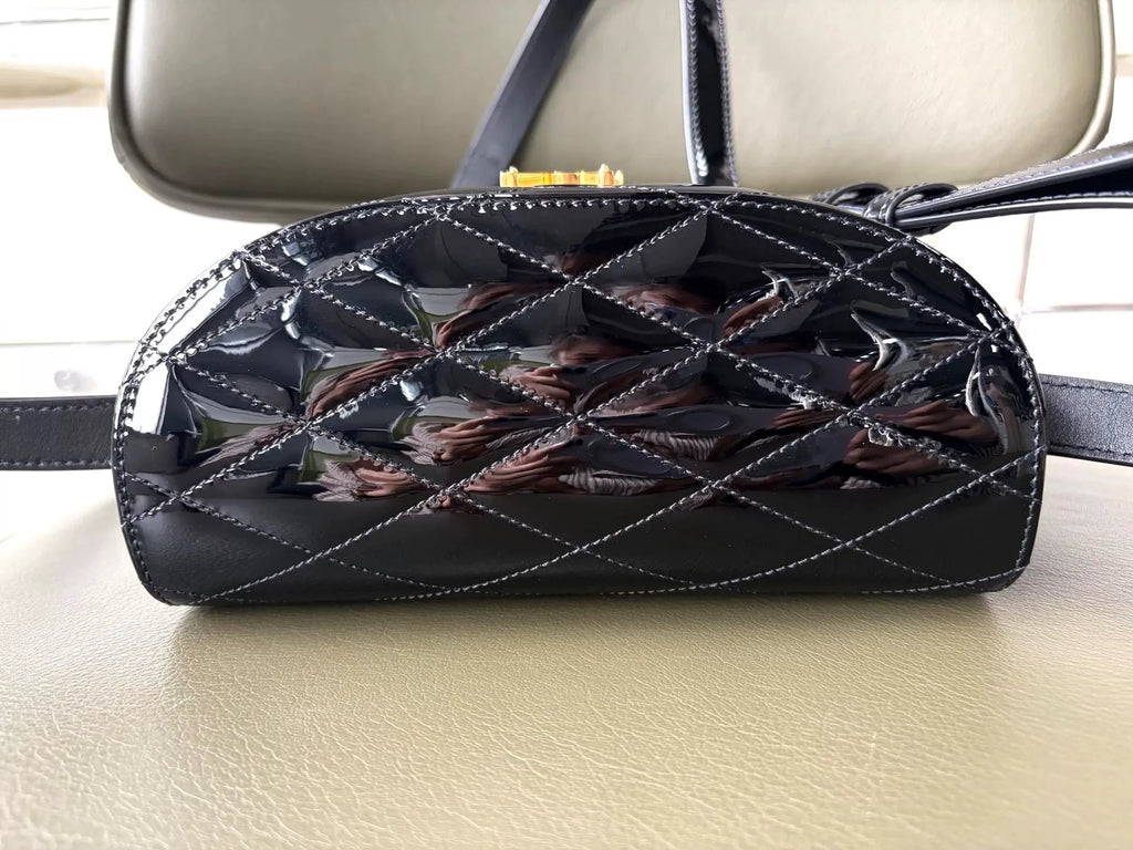 Saint Laurent Black Gold Buckle Quilted Patent Leather Box Bag