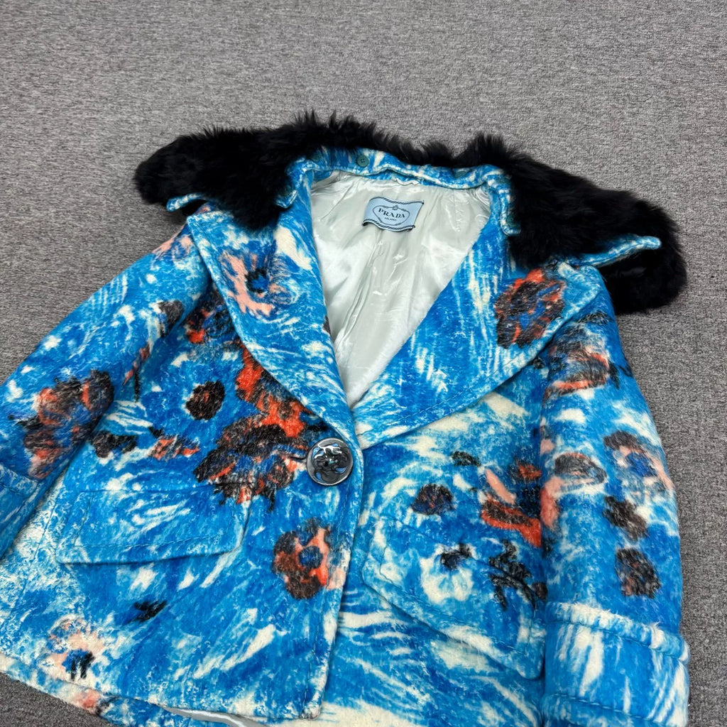 Prada blue oil-painting style fur-collared turn-down jacket