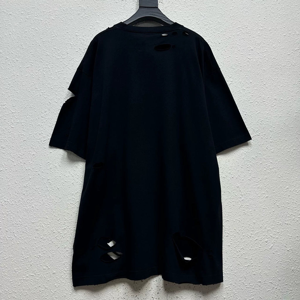 Balenciaga Black Big Distressed Logo Short Sleeve Top