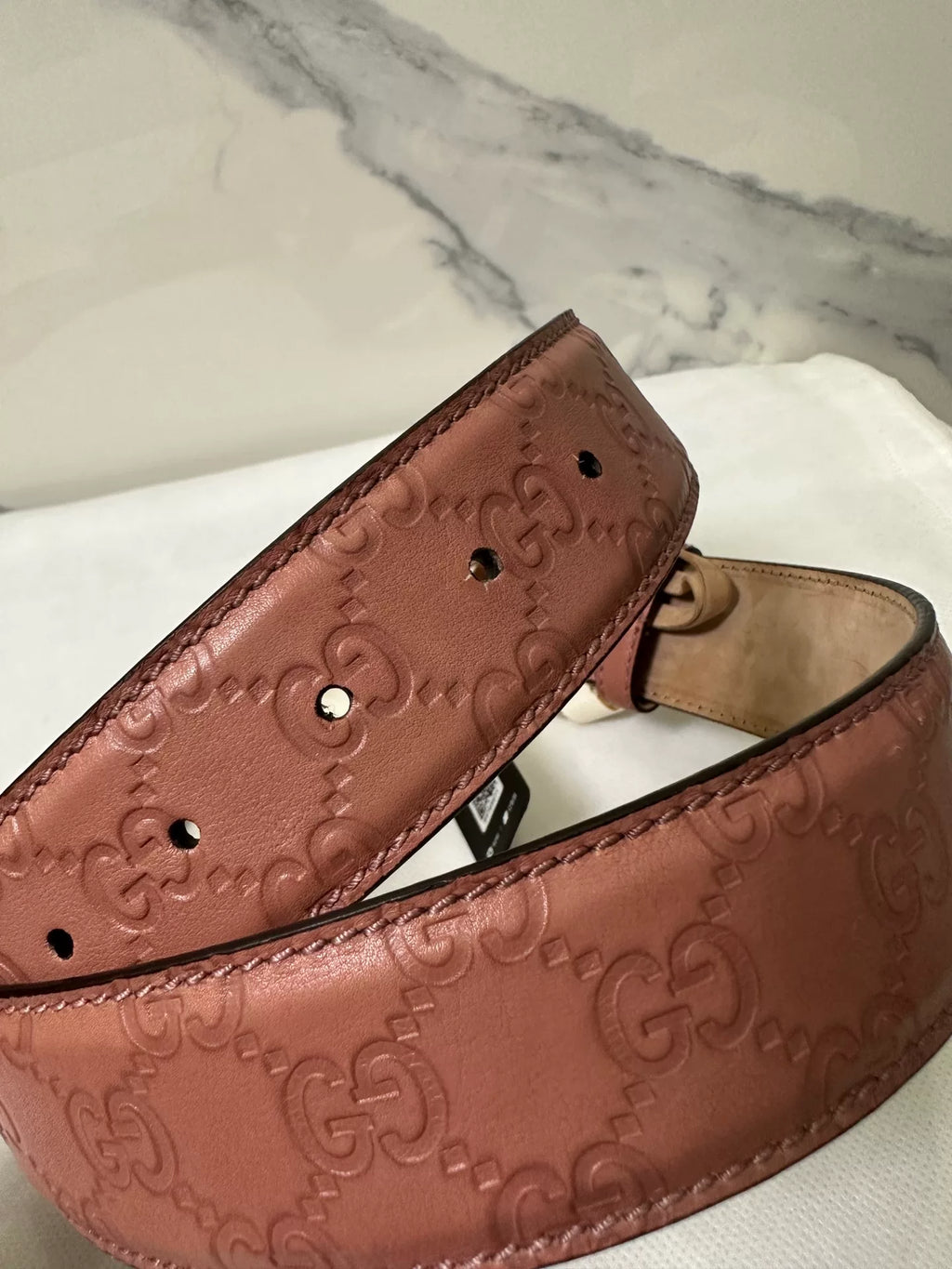 Gucci Pink Double G Embossed Leather Belt