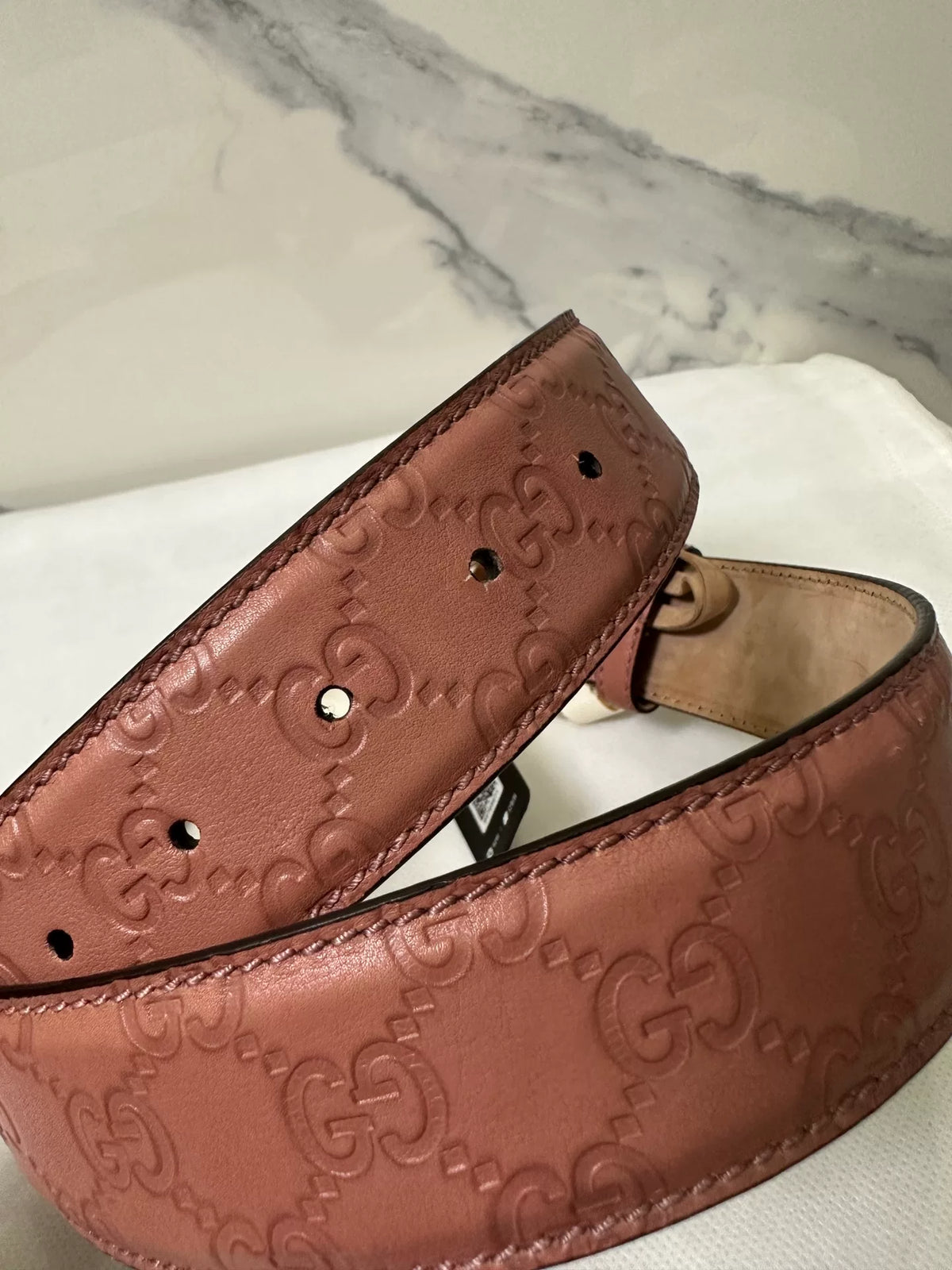 Gucci Pink Double G Embossed Leather Belt
