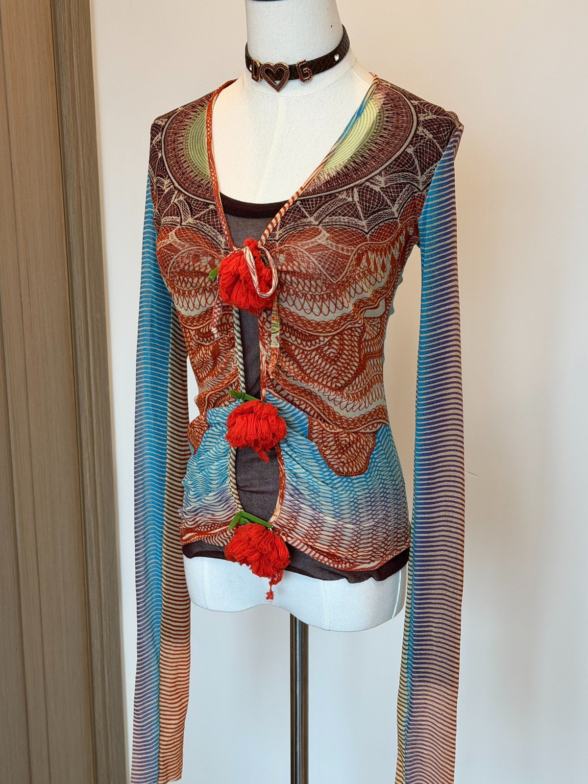 Jean Paul Gaultier Vintage V-Neck Mesh Print Long Sleeve Top