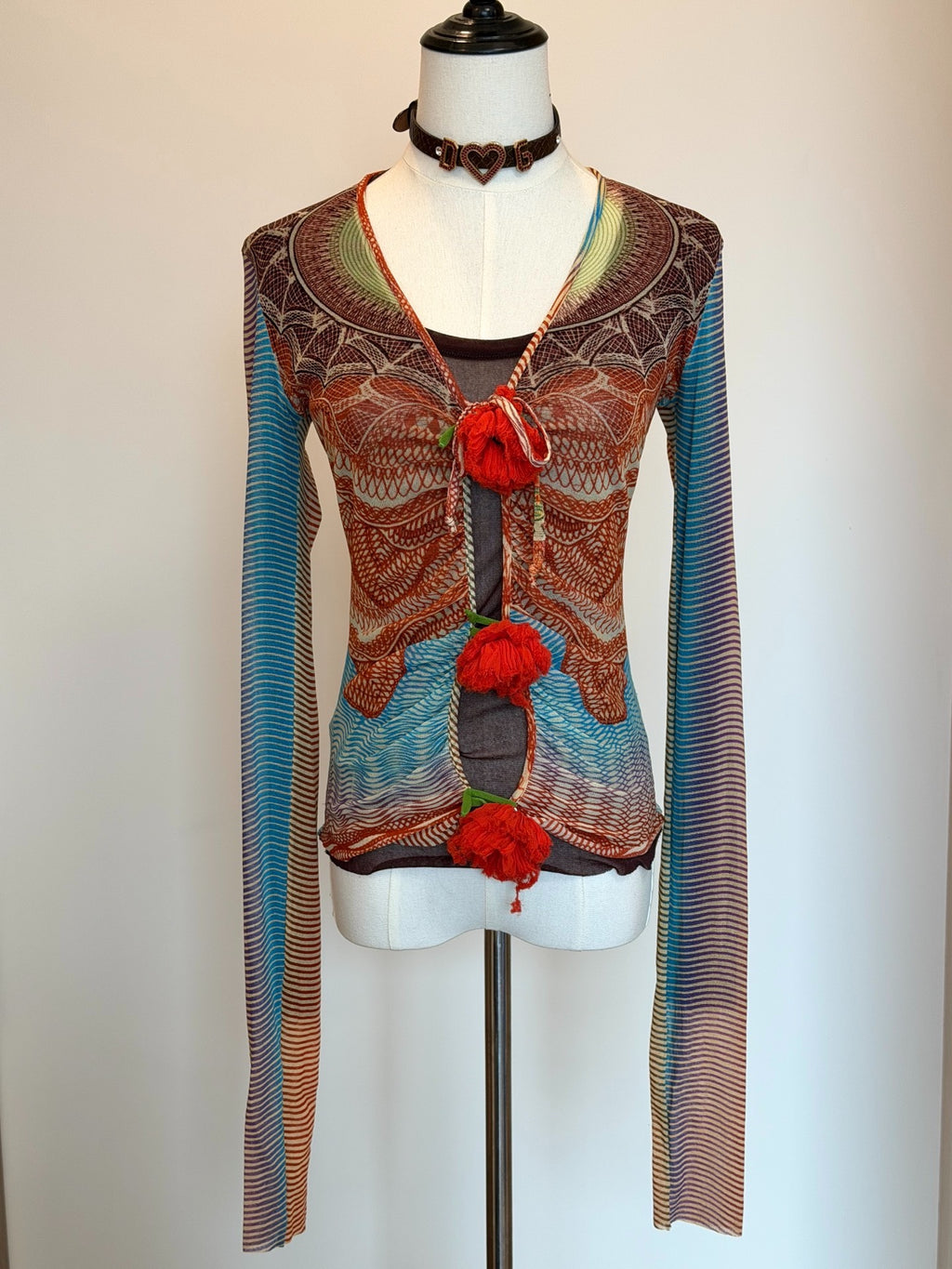 Jean Paul Gaultier Vintage V-Neck Mesh Print Long Sleeve Top