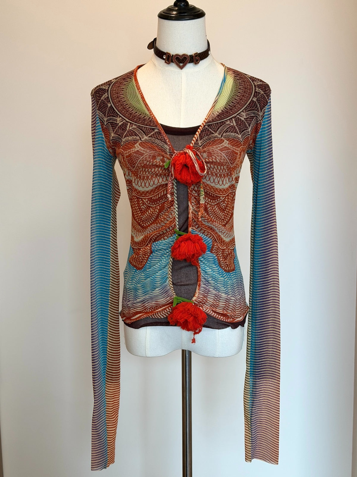 Jean Paul Gaultier Vintage V-Neck Mesh Print Long Sleeve Top