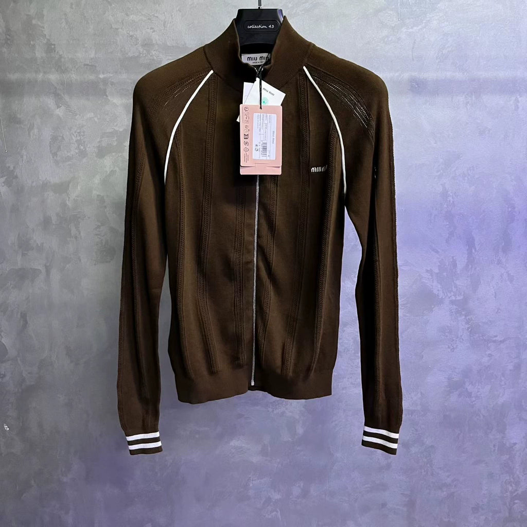Miu Miu Brown Letter Print Stand-Collar Zip-Up Jacket