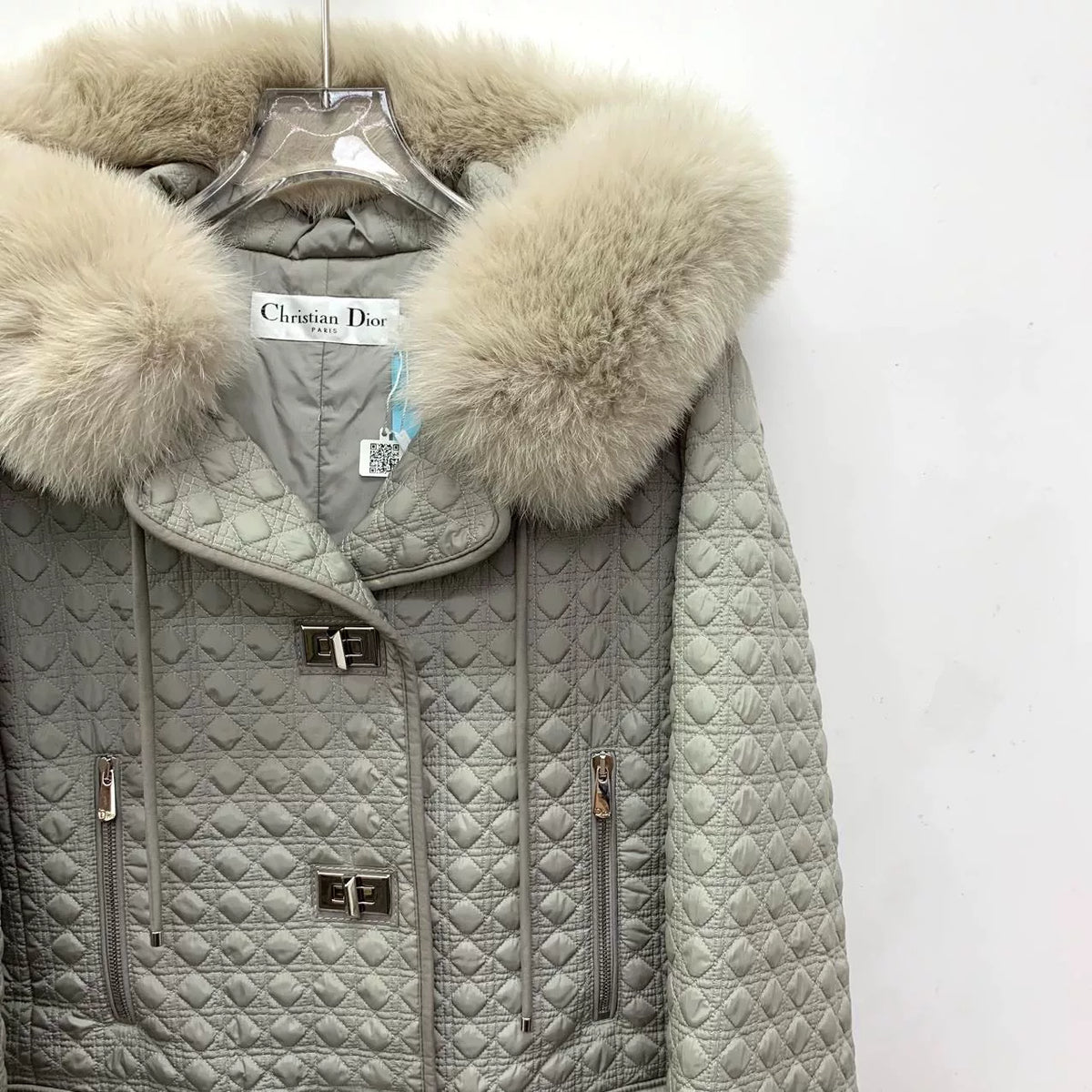 Dior Grey Diamond Quilted Hooded Fur Collar Silver Button Cotton Jacket