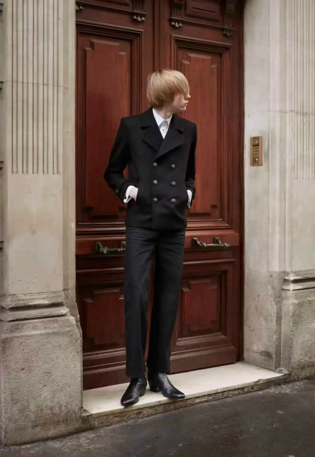 Saint Laurent FW20 Navy Gold Button Double-Breasted Wool Coat