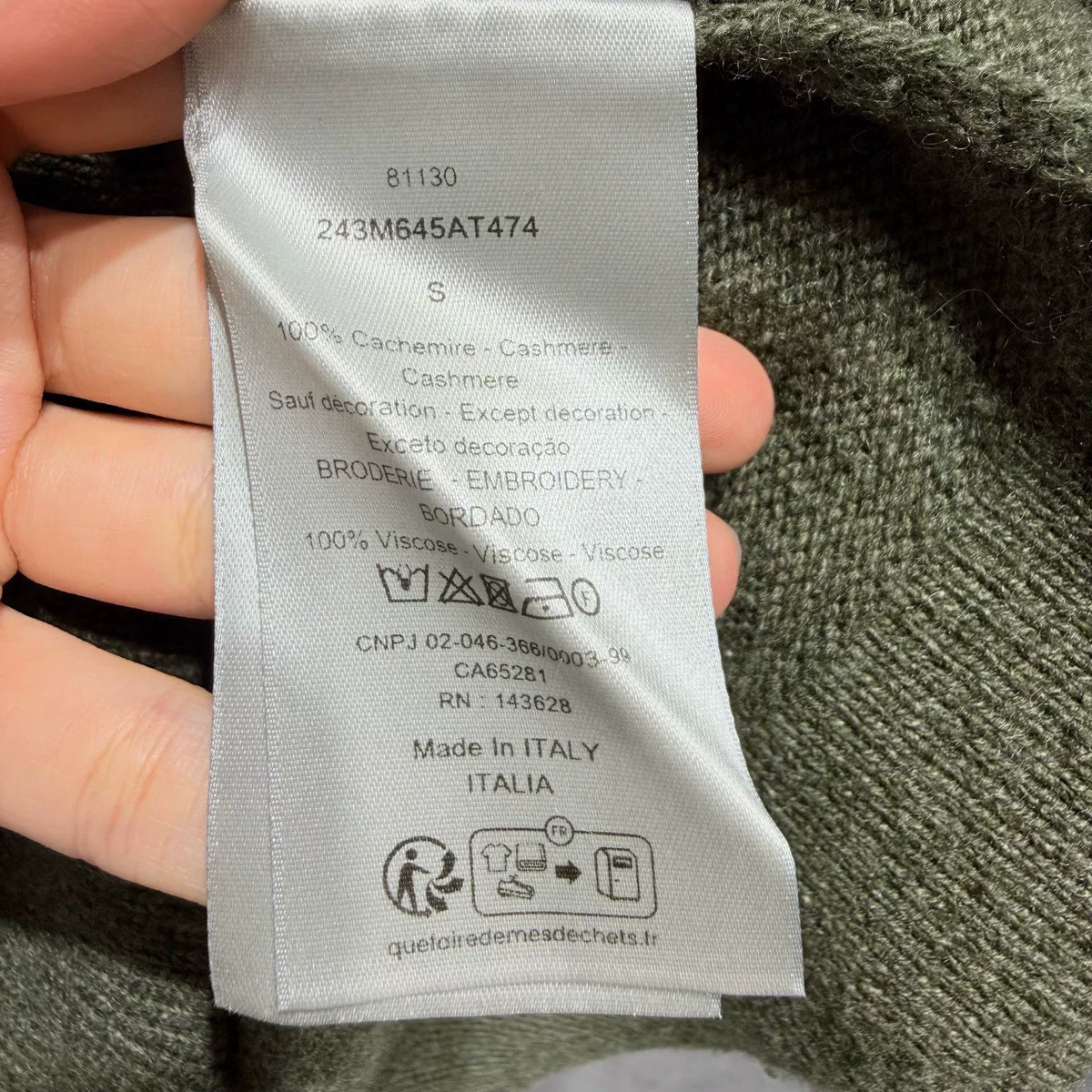Dior Olive Slogan Embroidered Logo Ribbed Collar Cashmere Sweater