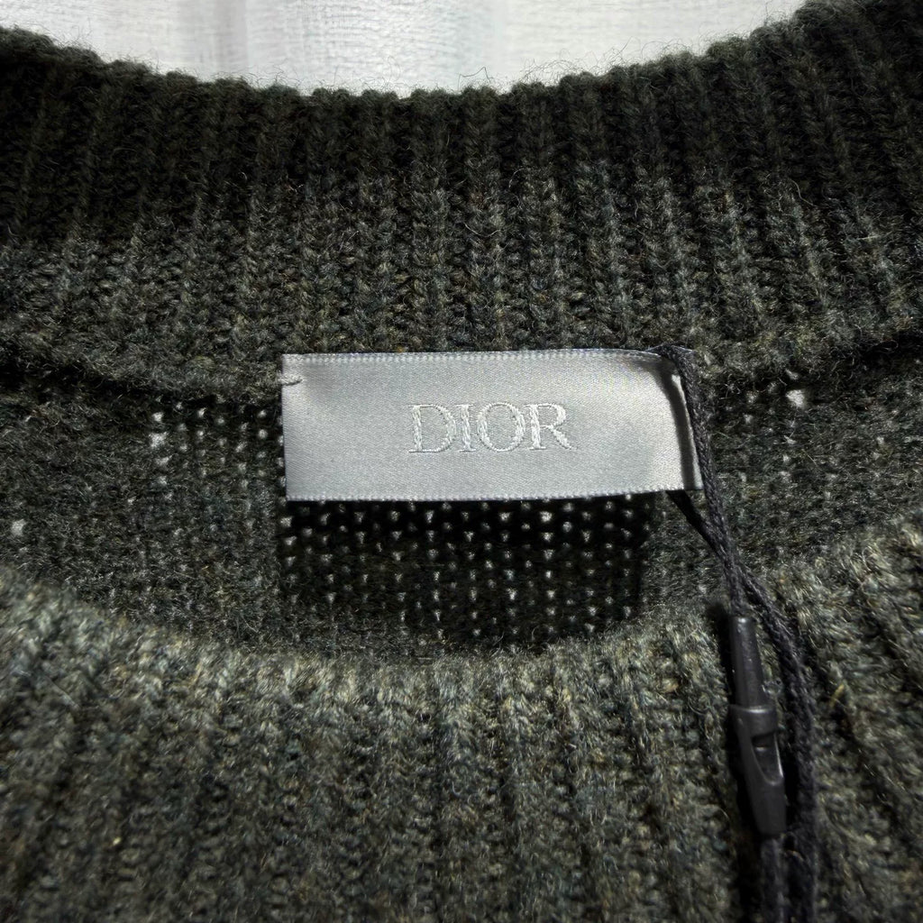 Dior Long Sleeve Embroidered Logo Wool Green Knit Sweater