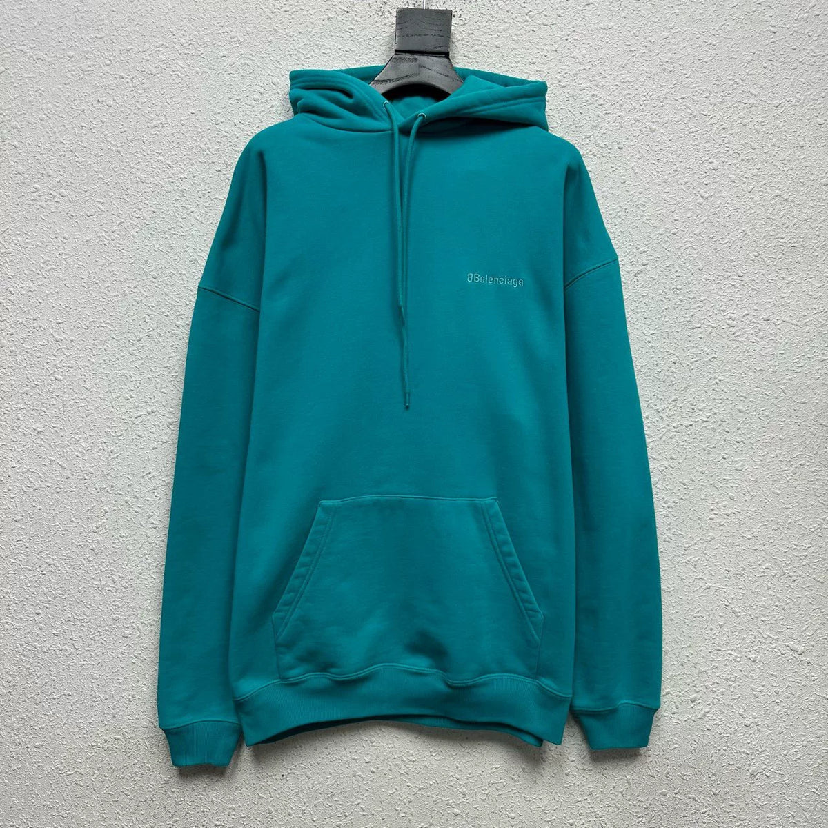 Balenciaga FW21 Peacock Blue Embroidered Small Logo Hooded Sweater