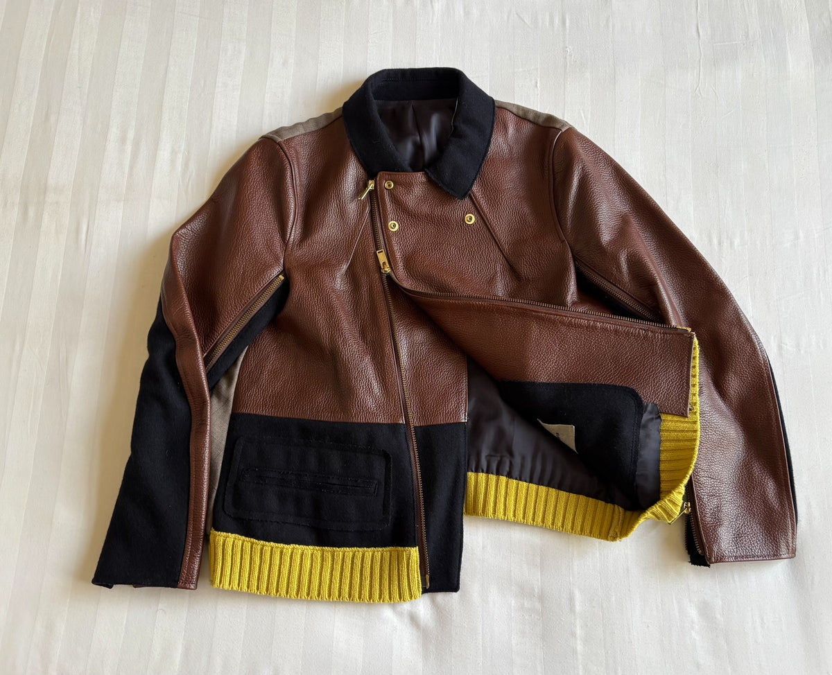 Undercover Zip Panel Leather Deconstructed Pleated Plaid Knit Jacket