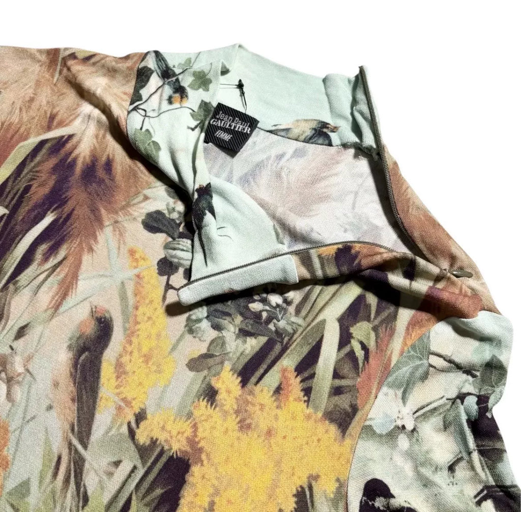 Jean Paul Gaultier Floral Bird Print Silk Turtleneck Top