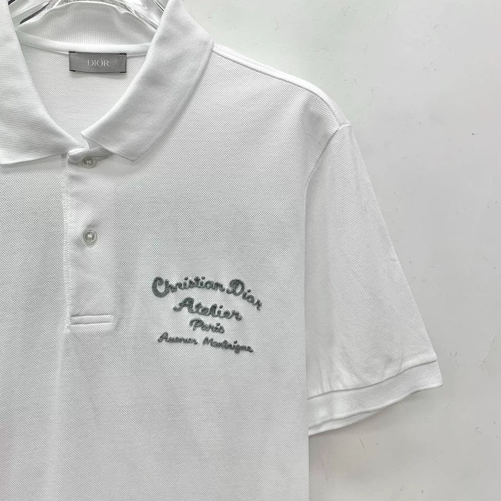 Dior White Letter Embroidery Logo Collared Single-Breasted Cotton Polo Shirt