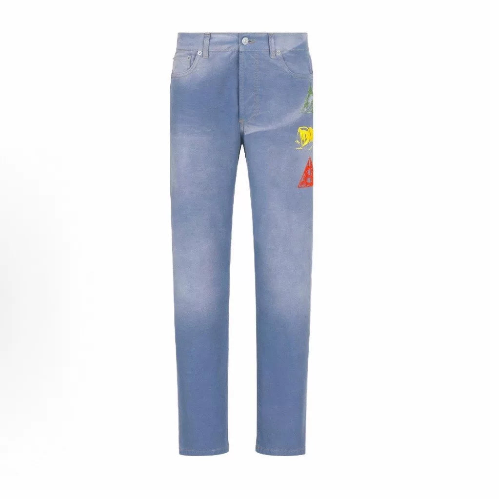 Dior Embroidered Logo Tie-Dye Straight-Leg Leather Patch Blue Jeans