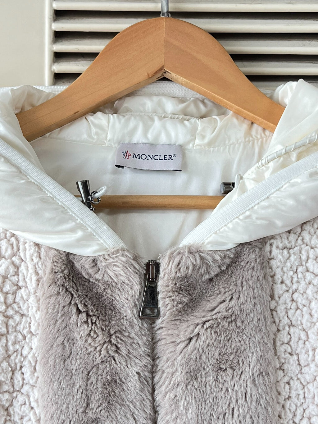 Moncler cream white shearling panel down jacket