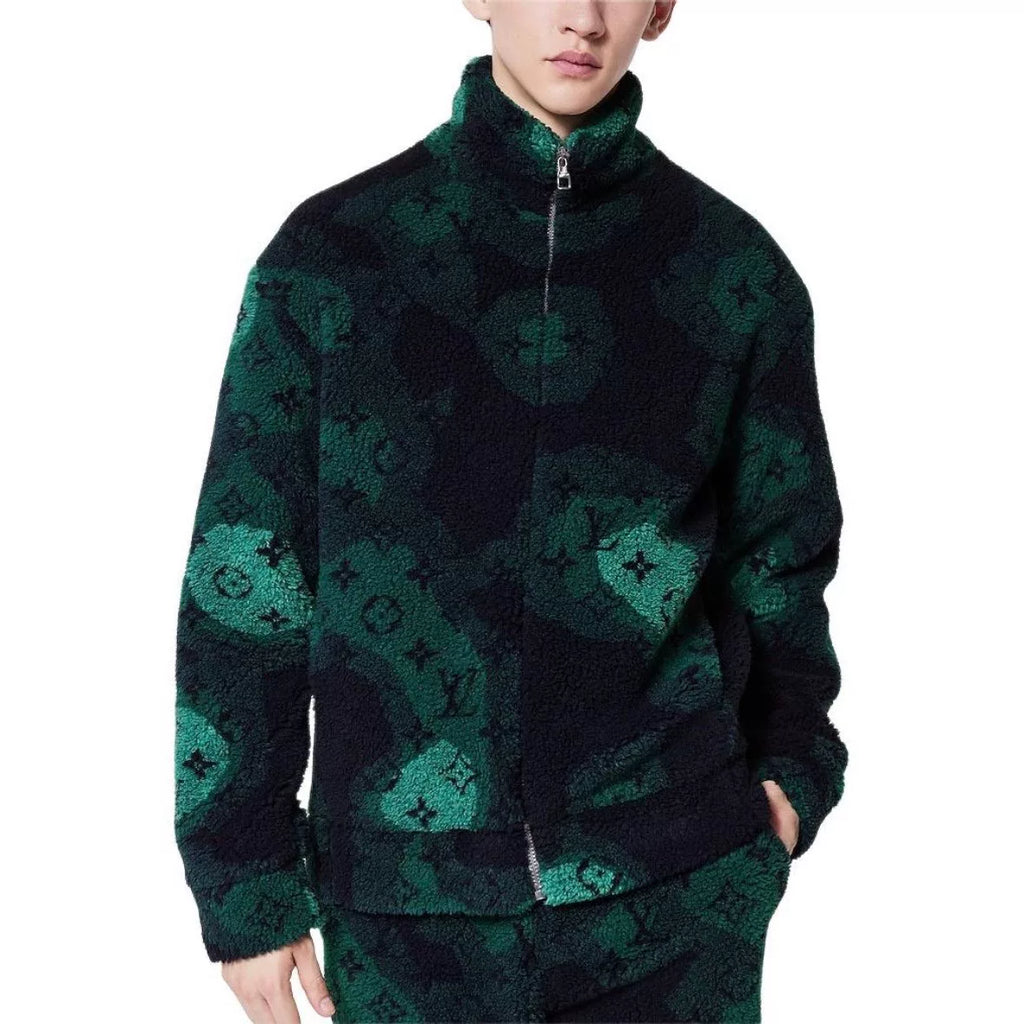 Louis Vuitton Long Sleeve Hoodie Camo All-Over Print Zip Stand Collar Wool Green Jacket