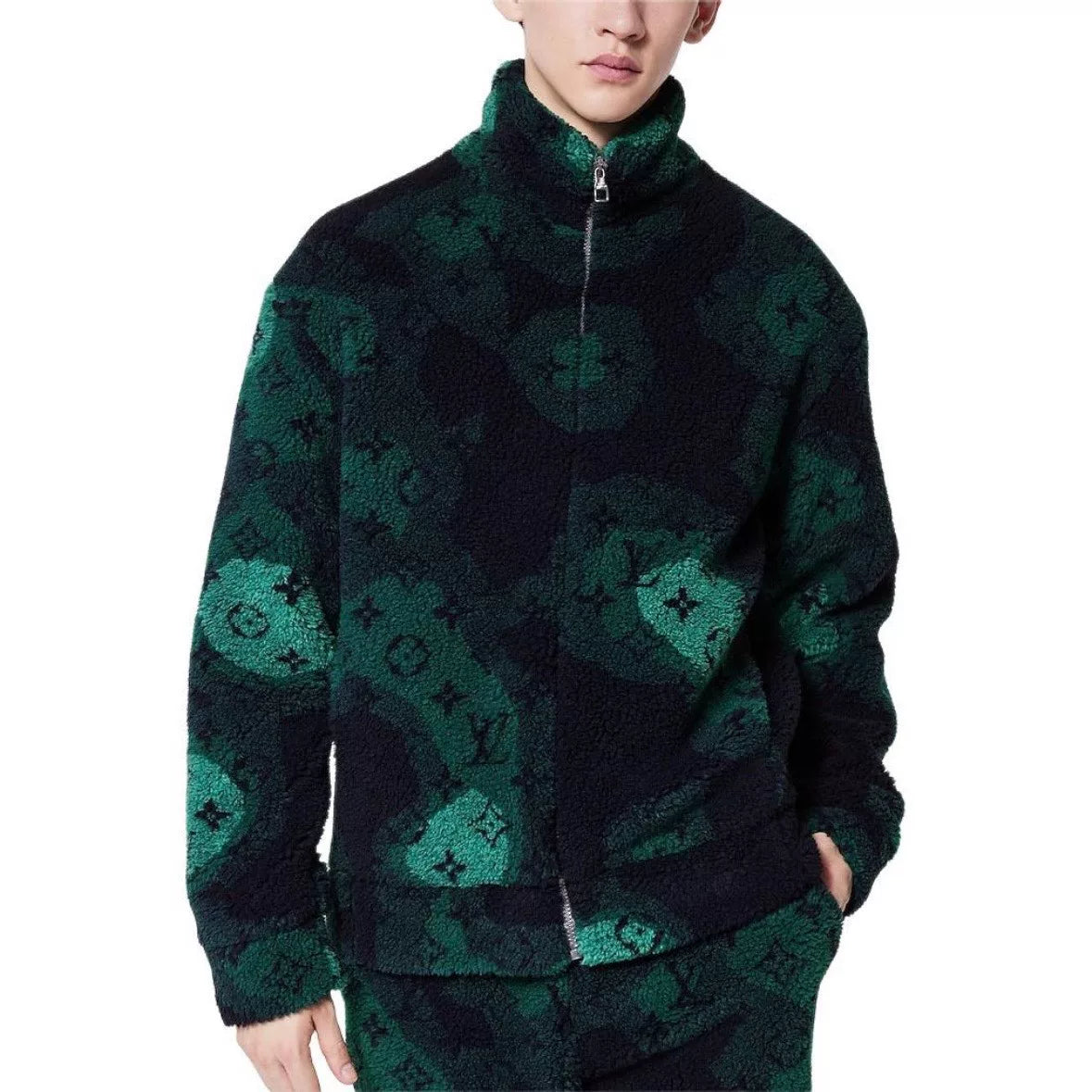 Louis Vuitton Long Sleeve Hoodie Camo All-Over Print Zip Stand Collar Wool Green Jacket