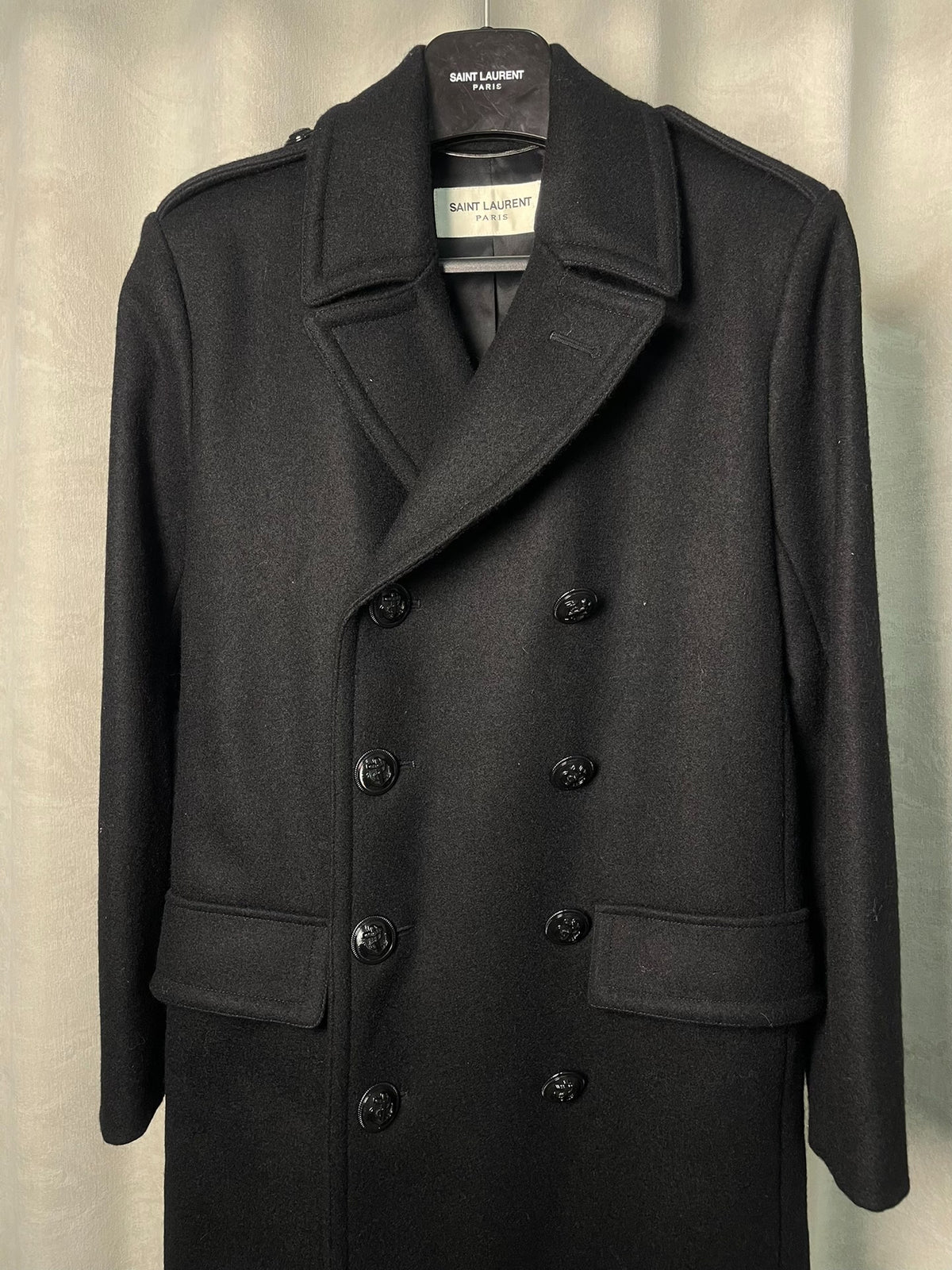 Saint Laurent FW14 Black Wool Anchor Button Double-Breasted Coat