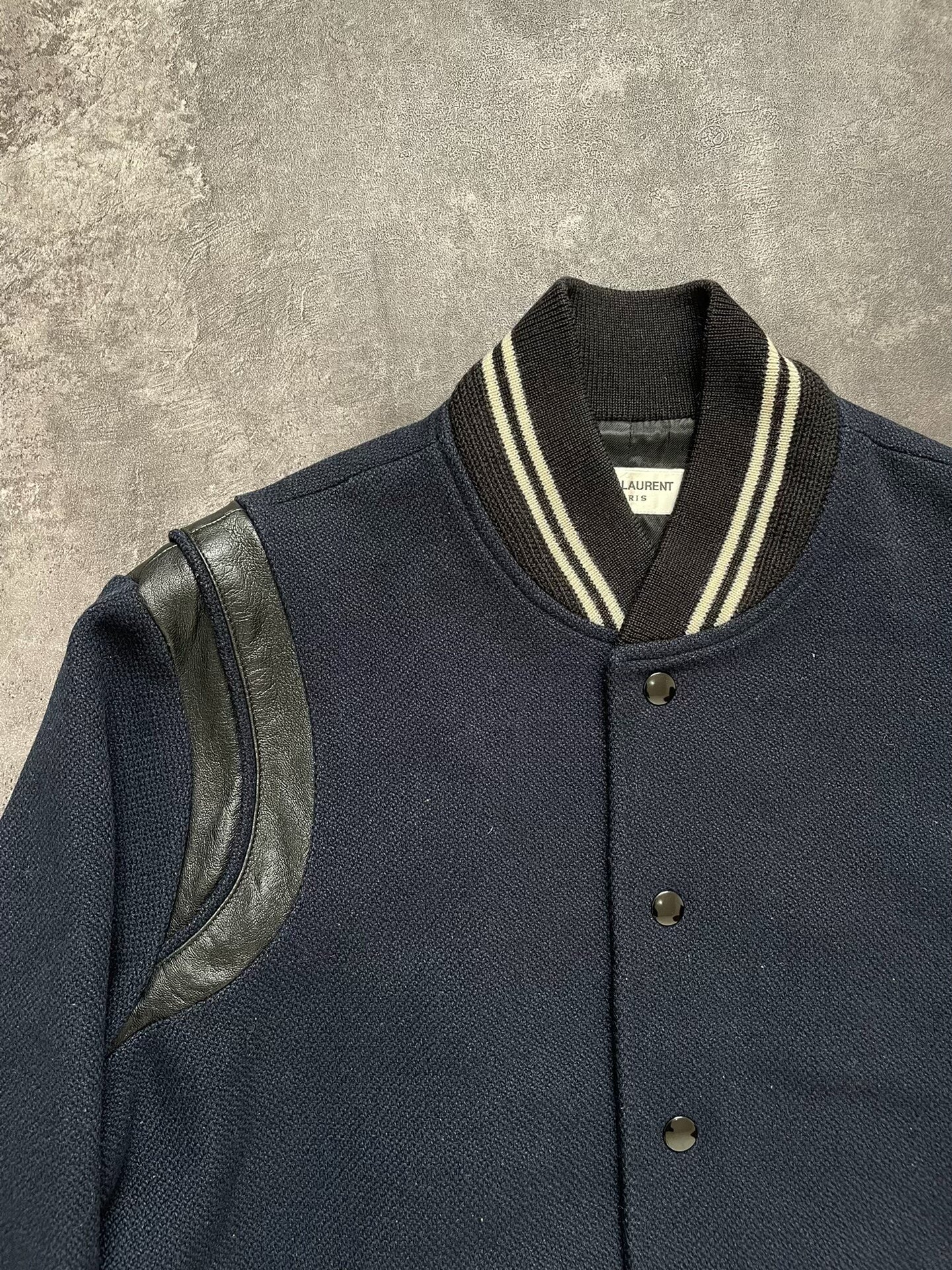 Saint Laurent SLP 13 Navy Blue Fleece and Leather Teddy Jacket