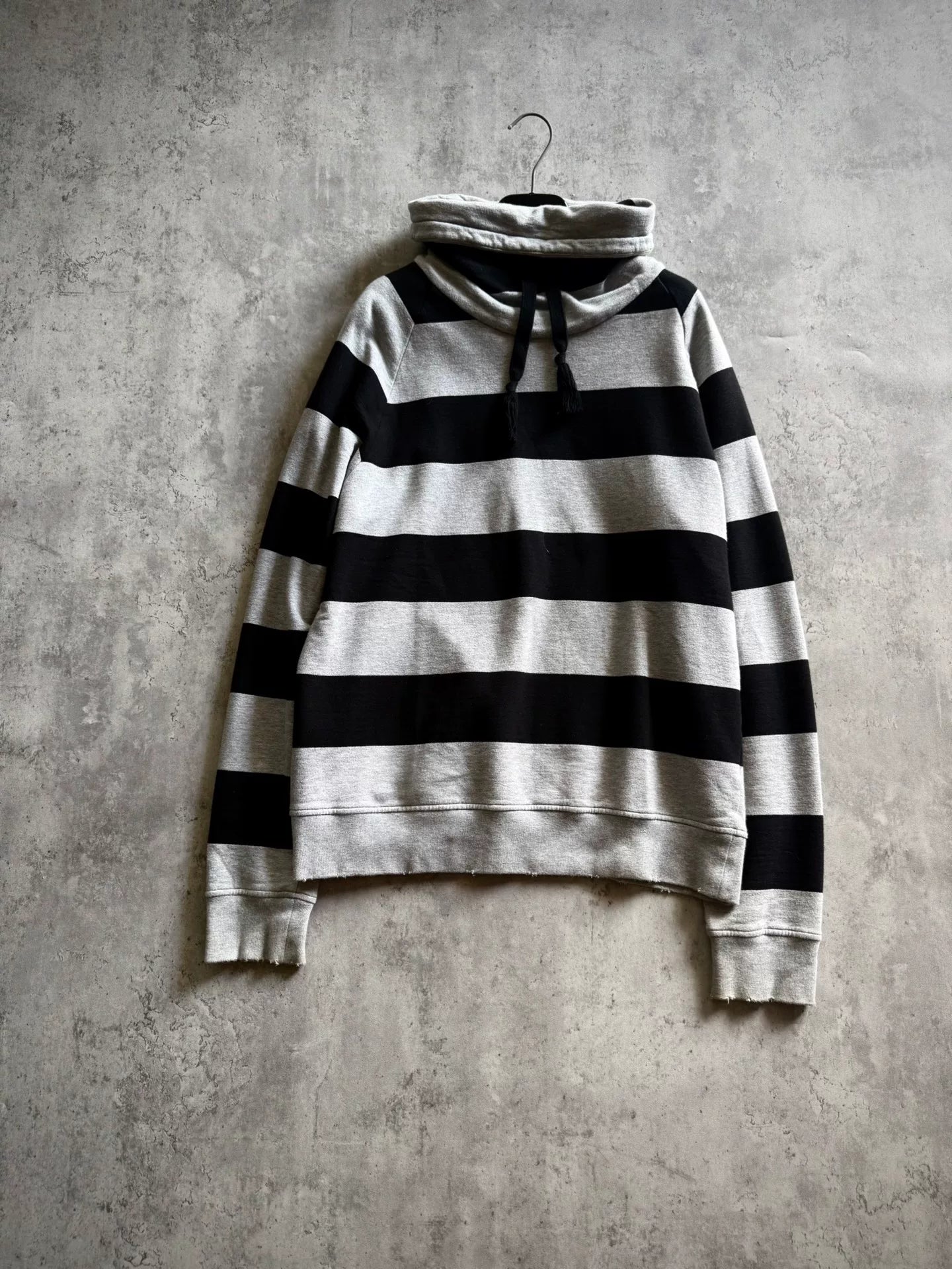 Saint Laurent Paris 17AW Black Striped Distressed Tassel Drawstring Turtleneck Fringe Hoodie by Anthony Vaccarello