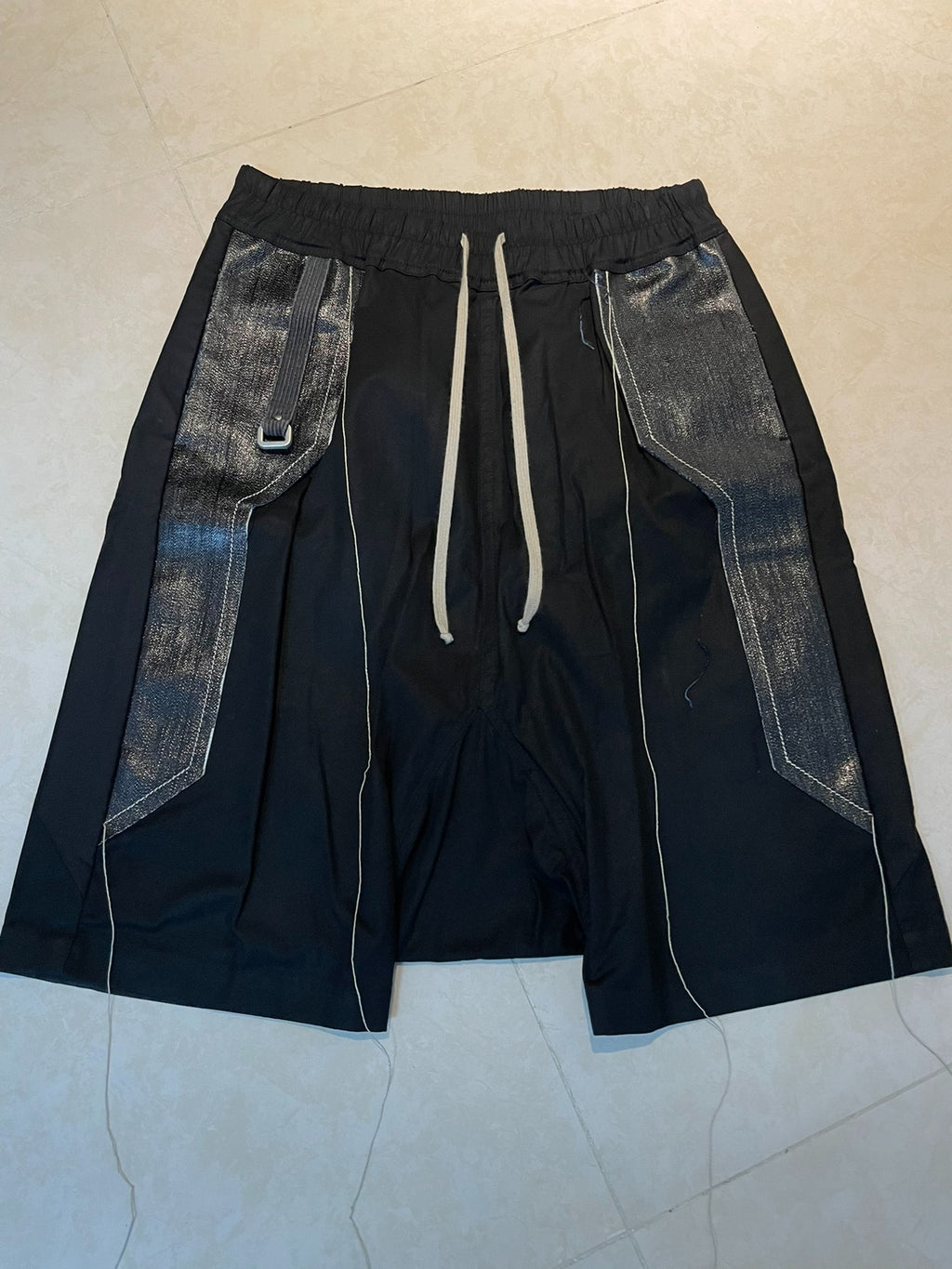 Rick Owens Tassel Wax-Brushed Leather Patchwork Shorts