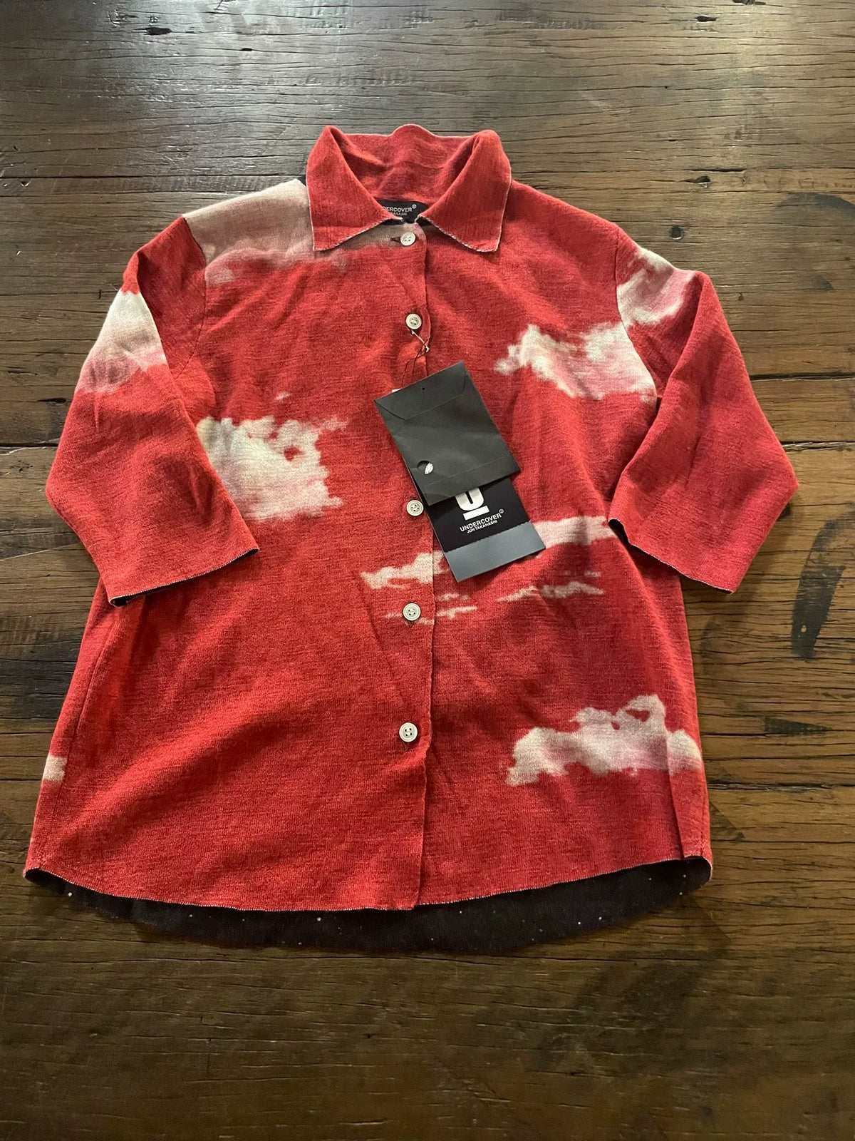 Undercover SS18 Red Sky Cloud Star Reversible Wool Polyester Knit Cardigan