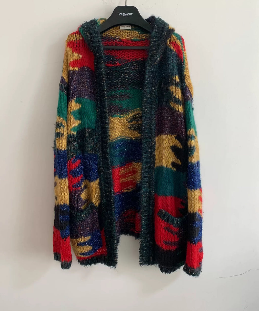 Saint Laurent FW18 Color-Block Mohair Hooded Cardigan