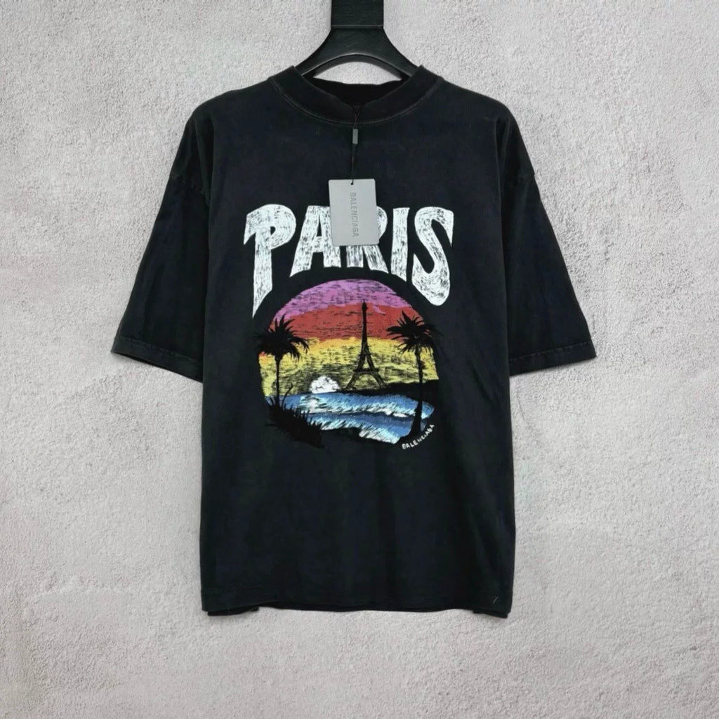 Balenciaga Dark Grey Coconut Graffiti Logo Print Short Sleeve Top