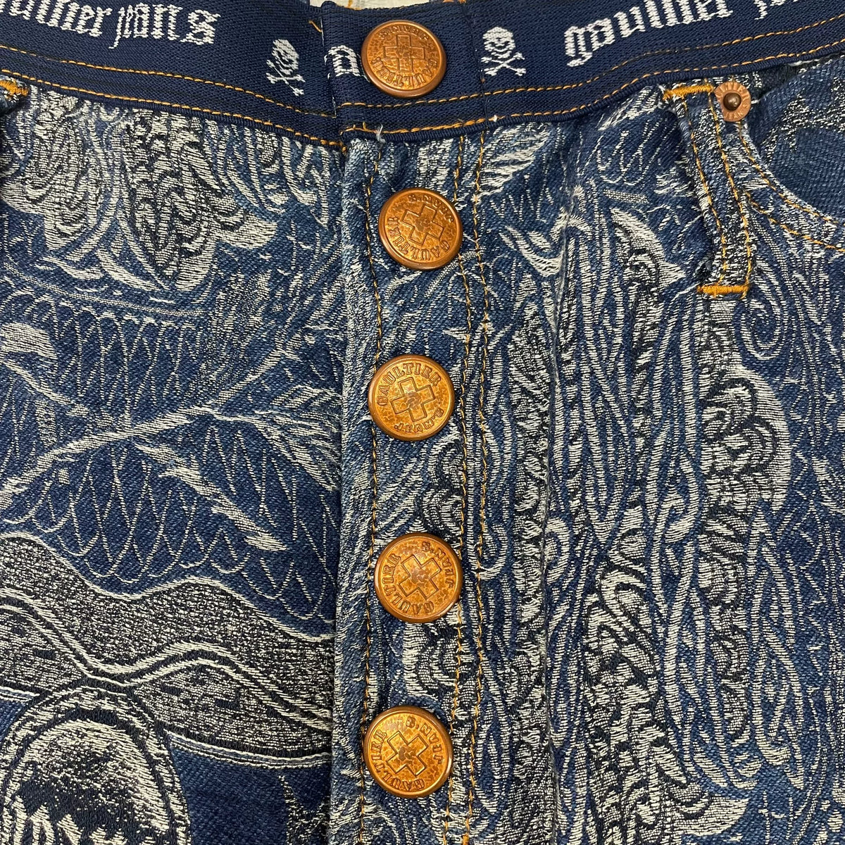 1994 Fall/Winter Jean Paul Gaultier Dragon Slayer Warrior Tribal Tattoo Jacquard Jeans