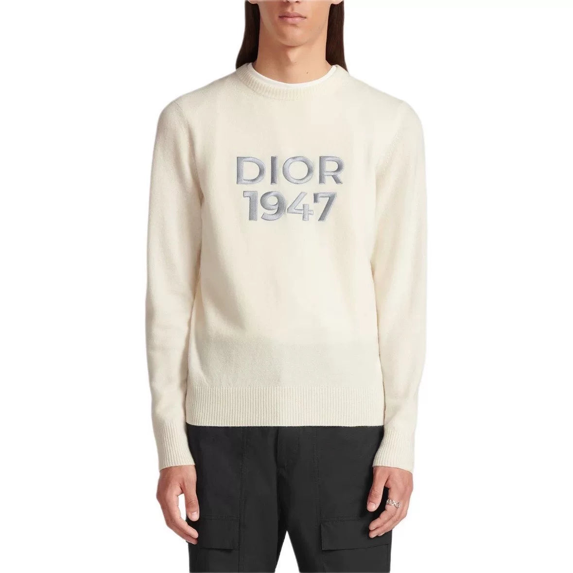 Dior Knit 1947 Embroidered Logo Wool Beige Long Sleeve Sweater