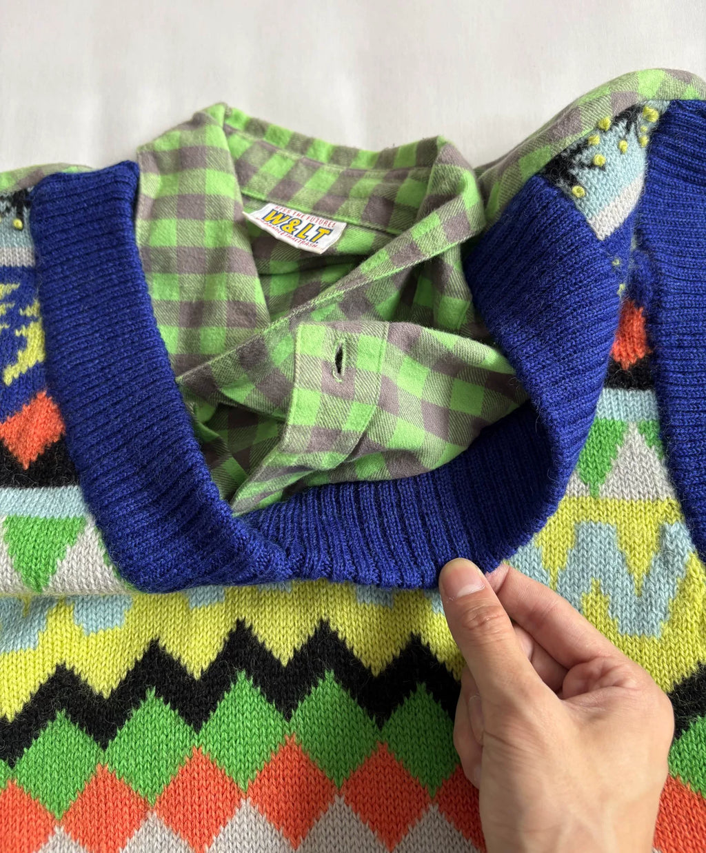 Walter Van Beirendonck W&LT Green Plaid Knit Panel Shirt