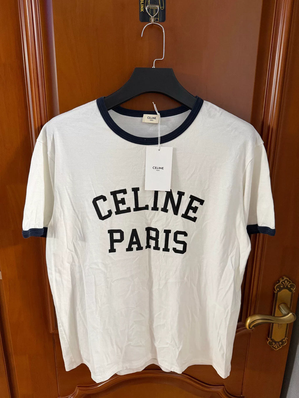 Celine White Flocked Letter Logo Short Sleeve T-Shirt