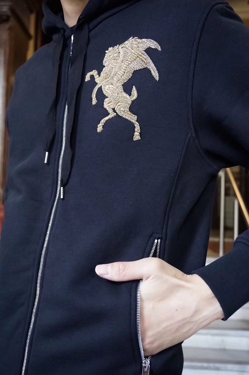 Alexander McQueen FW17 Black Flying Lion Embroidered Zip-Up Hooded Cotton Sweater