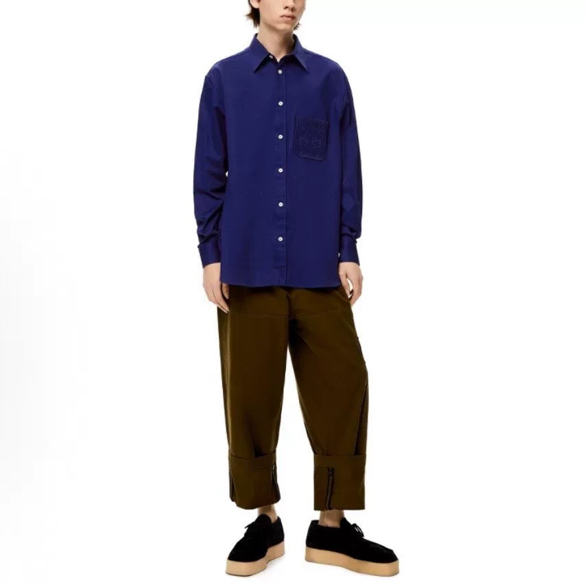 Loewe Long Sleeve Lapel Embroidered Button-Front Pocket Cotton Blue Shirt