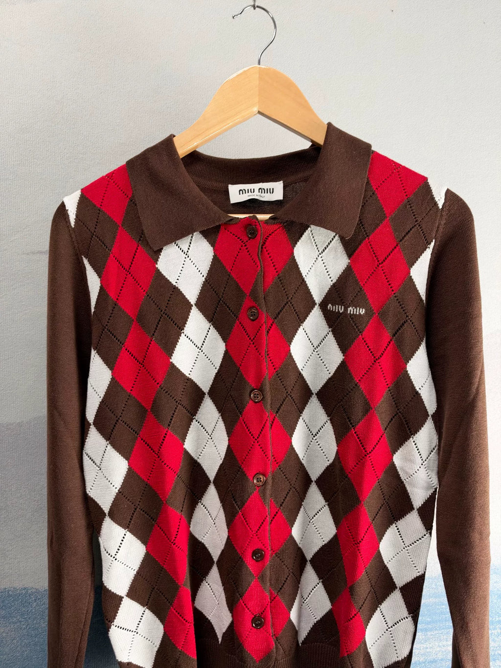 Miu Miu SS26 Brown Diamond Patch Collared Cashmere Cardigan