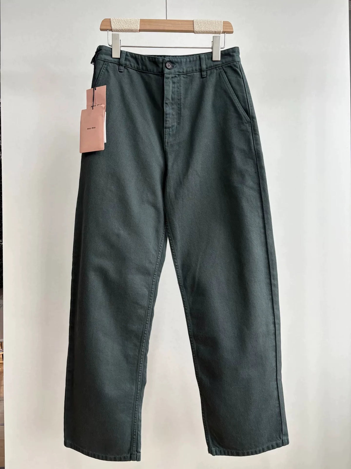 MiuMiu logo Vintage Dark Green Embroidered Cotton Jeans