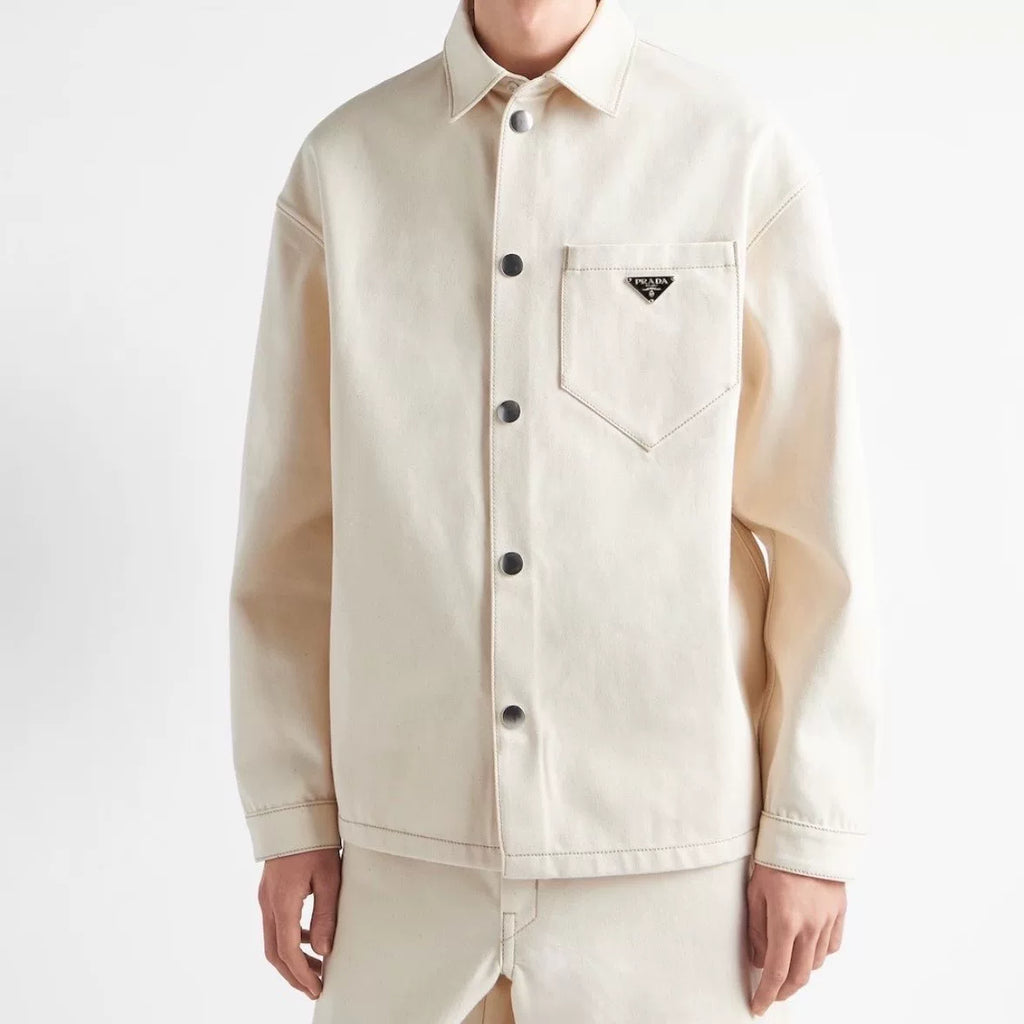Prada Beige Metal Triangle Logo Snap-Button Combed Cotton Denim Jacket