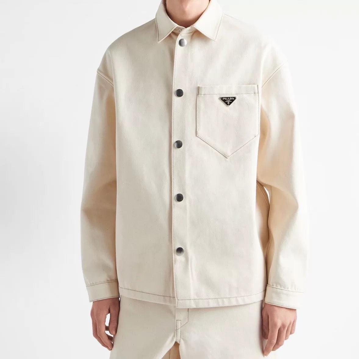 Prada Beige Metal Triangle Logo Snap-Button Combed Cotton Denim Jacket