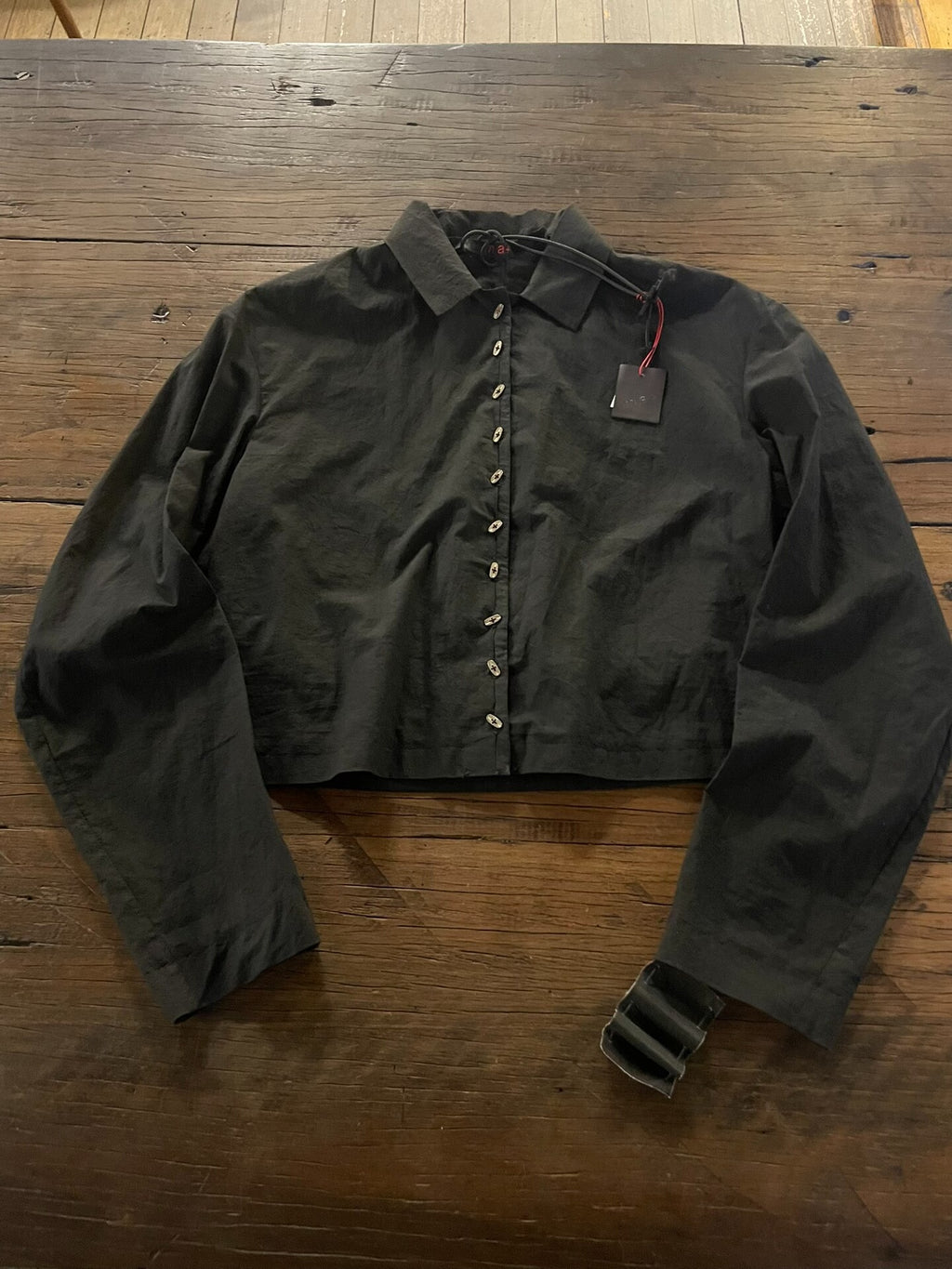 M.A+ FW24 Black Wide Cropped 925 Silver Button Organic Cotton Shirt