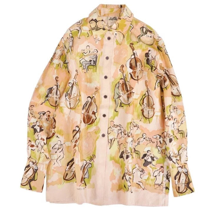 HERMES 1990s Concert Print Long Sleeve Silk Shirt