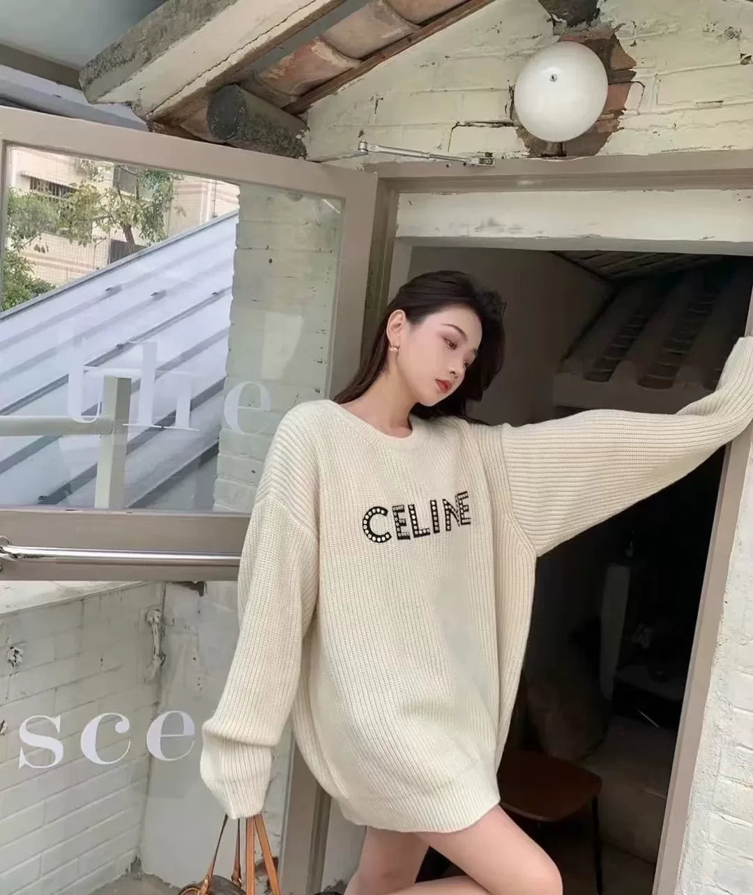 Celine Wool Off Studded Logo Fuzzy Sweater