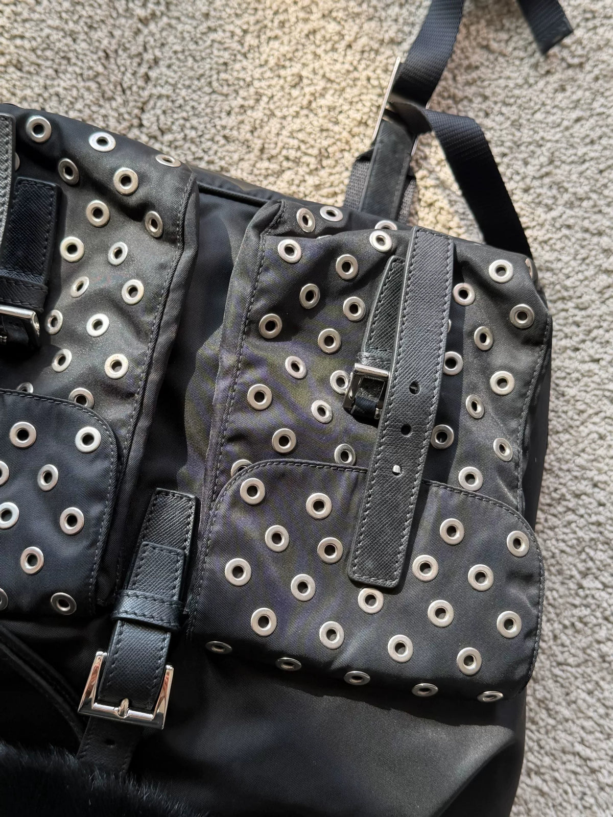 Prada Grommet Fur Tessuto Backpack